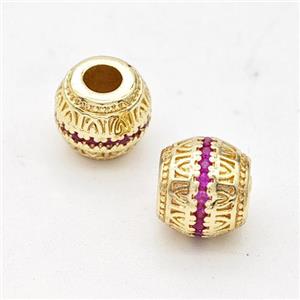 Copper Round Beads Micro Pave Fuchsia Zirconia Large Hole Gold Plated, approx 8mm, 4mm hole