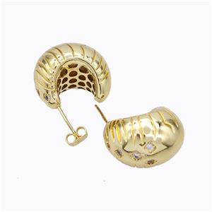 Copper Stud Earrings Micro Pave Zirconia C-Shape Hollow Gold Plated, approx 16-22mm