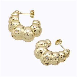 Copper Stud Earrings Micro Pave Zirconia C-Shape Hollow Gold Plated, approx 25-30mm