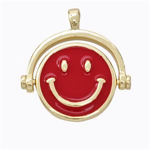 Copper Emoji Pendant Red Enamel Smile Face Gold Plated, approx 15mm, 20mm