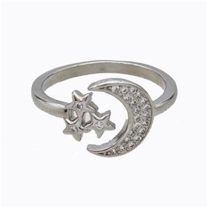 Copper Moon Ring Pave Zirconia Star Platinum Plated, approx 12mm, 18mm dia