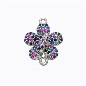 Copper Flower Connector Micropave Zirconia Multicolor Platinum Plated, approx 13mm