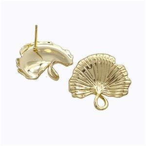 Copper Stud Earrings Ginkgo Leaf Gold Plated, approx 23-25mm