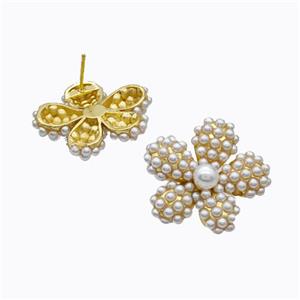 Copper Flower Stud Earrings Pave Pearlized Resin Gold Plated, approx 30mm