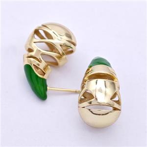 Copper Teardrop Stud Earrings Green Enamel Hollow Gold Plated, approx 13-25mm