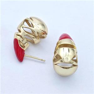 Copper Teardrop Stud Earrings Red Enamel Hollow Gold Plated, approx 13-25mm