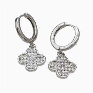 Copper Hoop Earrings Clover Pave Zirconia Platinum Plated, approx 12mm, 14mm dia