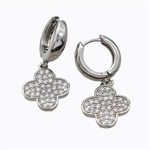 Copper Hoop Earrings Clover Pave Zirconia Platinum Plated, approx 15mm, 15mm dia