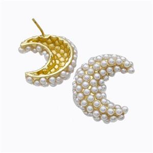 Copper Moon Stud Earrings Micropave Pearlized Resin Gold Plated, approx 20-25mm