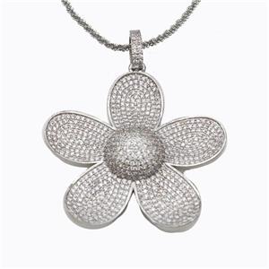 Copper Flower Necklace Pave Zirconia Platinum Plated, approx 44mm, 2mm, 42-47cm length