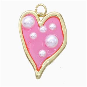 Copper Heart Pendant Pave Pearlized Resin Pink Gold Plated, approx 18-25mm