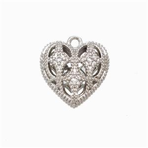 Copper Heart Pendant Micropave Zirconia Hollow Platinum Plated, approx 13mm