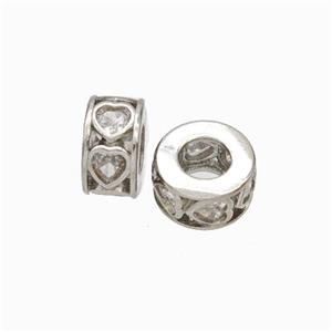 Copper Heishi Spacer Beads Micropave Zirconia Heart Large Hole Platinum Plated, approx 9mm, 5mm hole