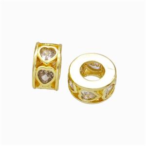 Copper Heishi Spacer Beads Micropave Zirconia Heart Large Hole Gold Plated, approx 9mm, 5mm hole