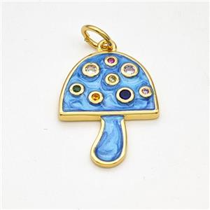 Copper Mushroom Pendant Pave Zirconia Blue Painted Gold Plated, approx 16-20mm