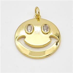 Copper Emoji Pendant Pave Zirconia Smileface Gold Plated, approx 23mm