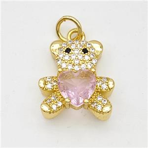 Copper Bear Pendant Micropave Zirconia Pink Crystal Glass Gold Plated, approx 16-17mm