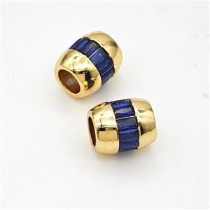 Copper Barrel Beads Micropave Blue Zirconia Large Hole Gold Plated, approx 9-11mm, 6mm hole