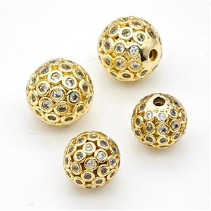 Copper Round Beads Micropave Zirconia Gold Plated, approx 10mm