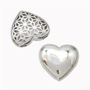 Copper Heart Beads Large Hole Hollow Platinum Plated, approx 21mm, 3mm hole