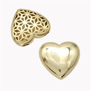 Copper Heart Beads Large Hole Hollow Gold Plated, approx 21mm, 3mm hole