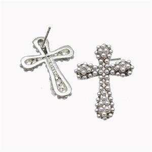 Copper Cross Stud Earrings Micropave Pearlized Resin Platinum Plated, approx 21-30mm