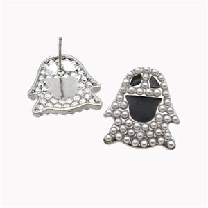 Halloween Ghost Charms Copper Stud Earrings Pave Pearlized Resin Black Enamel Platinum Plated, approx 20-22mm