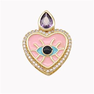 Copper Heart Pendant Pave Zirconia Pink Enamel Gold Plated, approx 18-24mm