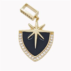 Copper Shield Star Pendant Pave Zirconia Black Enamel Gold Plated, approx 20-25mm, 10mm, 3-8mm hole