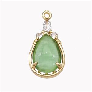 Copper Teardrop Pendant Pave Green Cateye Glass Gold Plated, approx 12.5-22mm