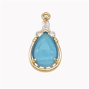 Copper Teardrop Pendant Pave Blue Cateye Glass Gold Plated, approx 12.5-22mm