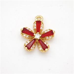 Copper Flower Pendant Pave Red Crystal Glass Zirconia Gold Plated, approx 13.5mm