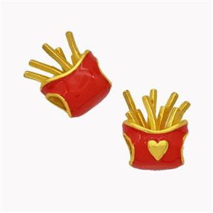 French Fries Charms Copper Food Beads Red Enamel Large Hole Gold Plated, approx 11-14mm, 4mm hole