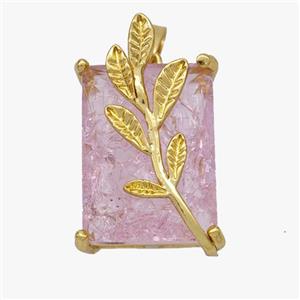 Copper Leaf Pendant Pave Pink Crystal Glass Rectangle Gold Plated, approx 13-20mm