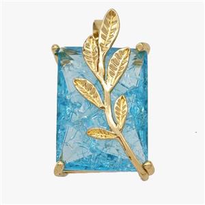 Copper Leaf Pendant Pave Blue Crystal Glass Rectangle Gold Plated, approx 13-20mm