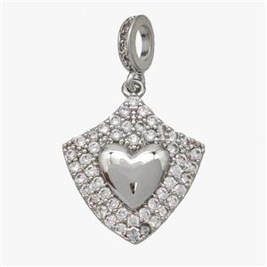 Copper Shield Pendant Pave Zirconia Heart Platinum Plated, approx 16-17mm, 4-6mm hole