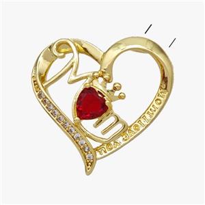 Copper Heart Pendant Pave Red Crystal Glass MOM Gold Plated, approx 23mm