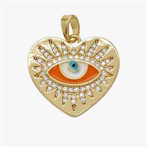 Copper Heart Evil Eye Pendant Pave Zirconia Orange Enamel Gold Plated, approx 20mm