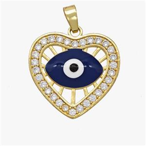 Copper Heart Evil Eye Pendant Pave Zirconia Blue Enamel Gold Plated, approx 20mm