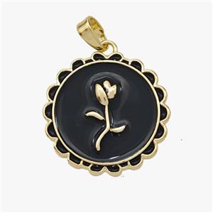 Copper Flowe Pendant Black Enamel Circle Gold Plated, approx 20mm