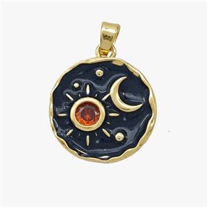 Copper Sun Pendant Pave Zirconia Black Enamel Moon Gold Plated, approx 17.5mm