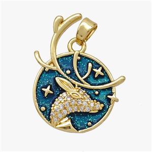 Copper Reindeer Pendant Pave Zirconia Painted Gold Plated, approx 17-25mm