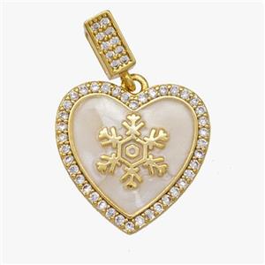Copper Heart Pendant Pave Zirconia White Enamel Snowflake Gold Plated, approx 18mm, 5-7mm