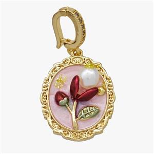 Copper Flower Pendant Pave Pearl Painted Gold Plated, approx 18-20mm, 8-11mm