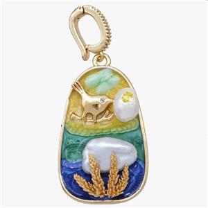 Copper Birds Pendant Pave Pearl Painted Gold Plated, approx 20-30mm, 8-11mm