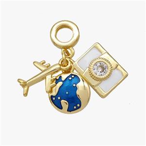 Copper Airplane Camera Earth Pendant Pave Zirconia Painted Gold Plated, approx 12mm, 10-12mm, 8mm