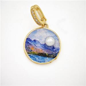 Picture Of Landscape Charms Copper Circle Pendant Pave Pearlized Resin Painted Gold Plated, approx 20mm, 8-12mm