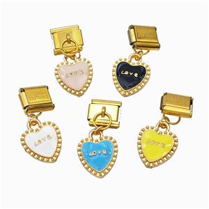 Stainless Steel Element For Module Bracelet With Copper Heart Pendant Enamel Gold Plated Mixed, approx 12.5mm, 9-10mm