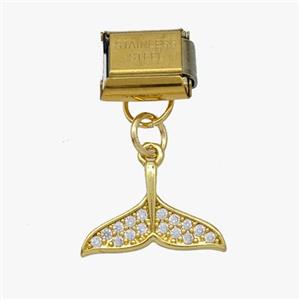 Stainless Steel Element For Module Bracelet With Copper Shark-tail Pendant Pave Zirconia Gold Plated, approx 10-15mm, 9-10mm