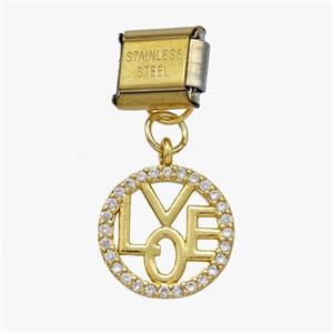 Stainless Steel Element For Module Bracelet With Copper LOVE Pendant Pave Zirconia Gold Plated, approx 14.5mm, 9-10mm